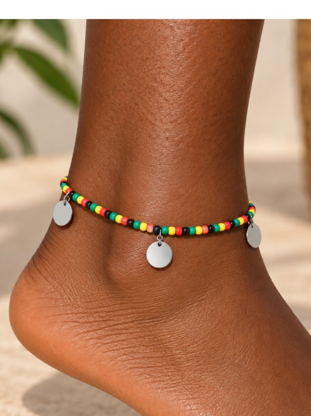 Beaded Rasta Color Disc Anklet - Multicolor Handcrafted